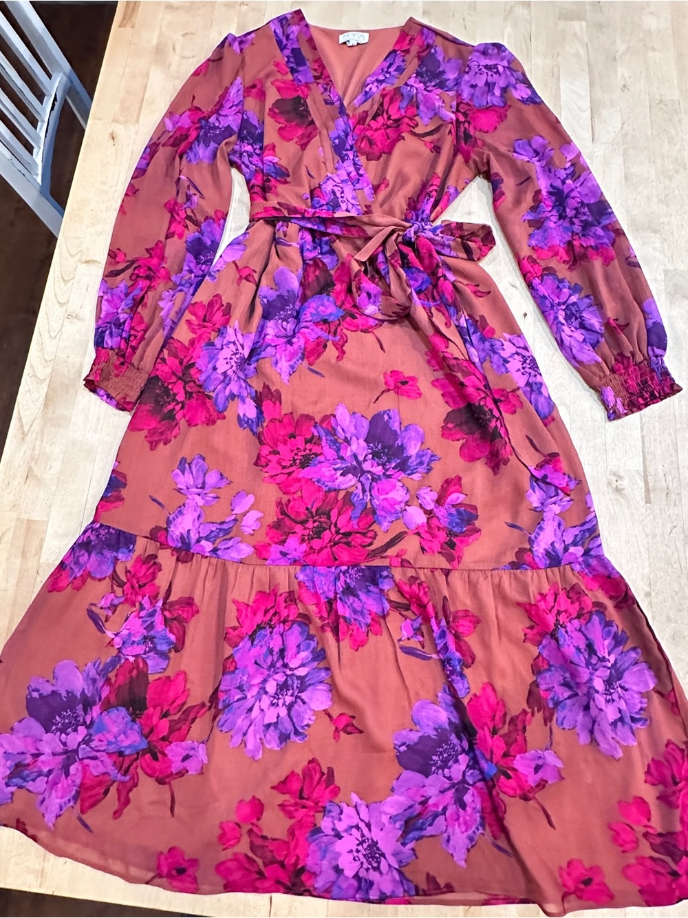 sofia by sofia vergara Rust Floral Wrap Midi Dress with Pink & Purple Blooms